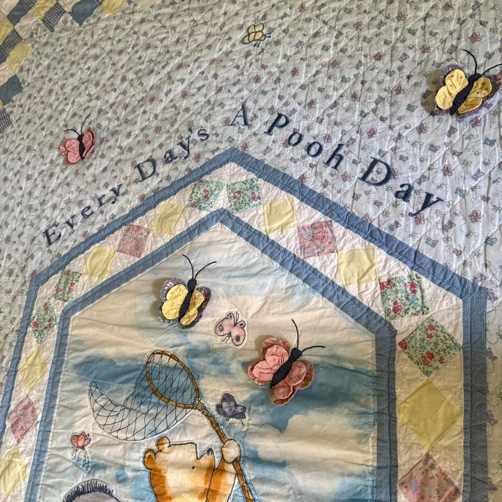 Vintage Classic Winnie the Pooh Twin Quilt Blanket Embroidered Butterfly